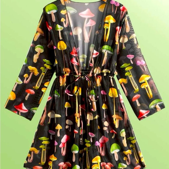 Rave Mushroom Print Swim cover up tie front & reversible bucket hat - Picture 1 of 9